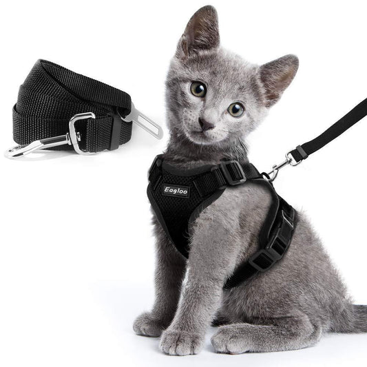 Escape Proof Cat Vest Harness And Car Seat Belt Adapter Adjustable Reflective Cat Harness Soft Mesh Harness For Kitten Puppy - XAVEROBlack leash1.5X0.02M